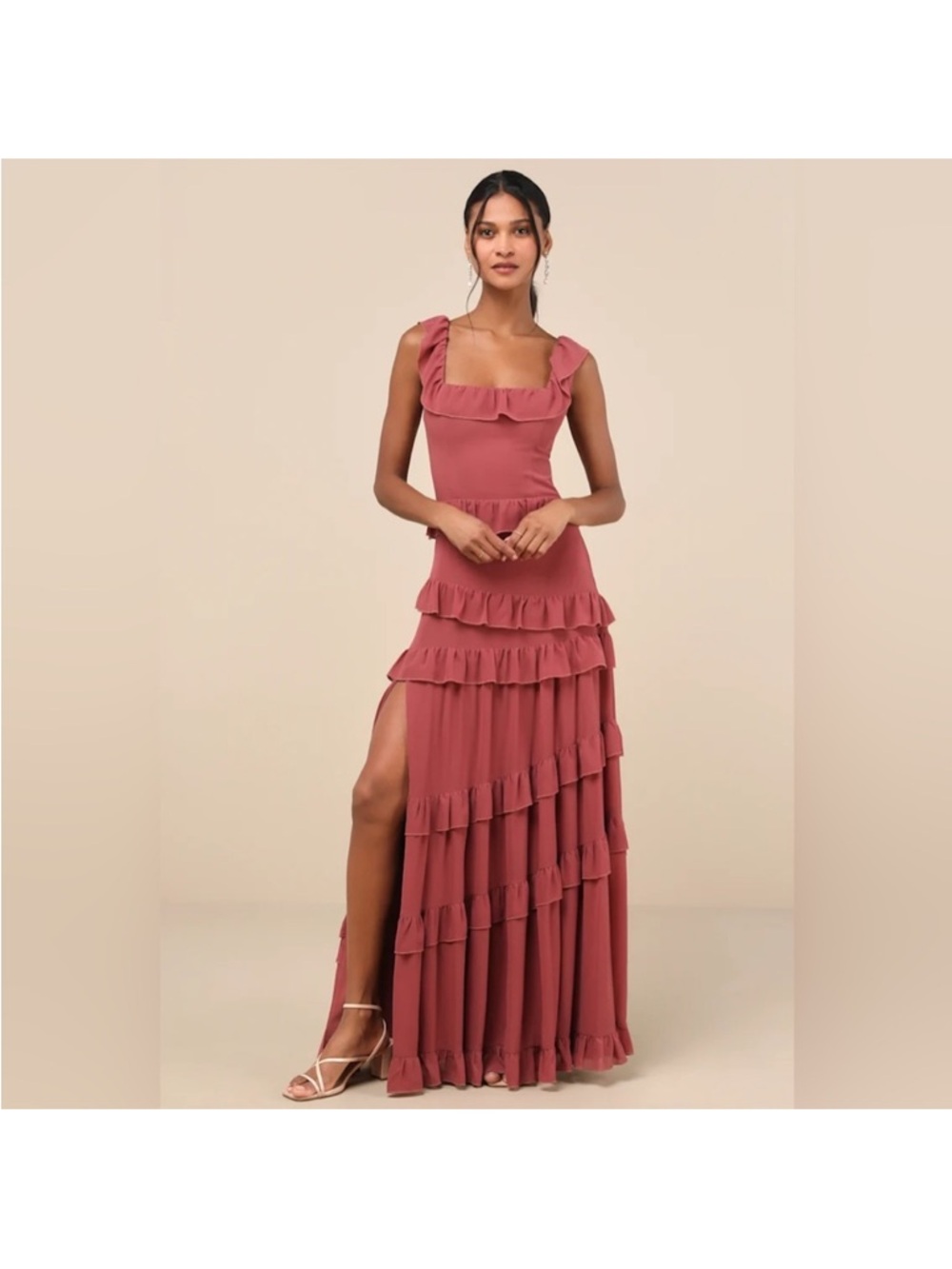 Lulu's Rusty Rose Ruffle High-Low Maxi Dress